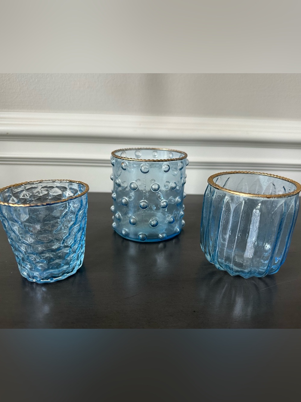 Blue Glass Textured Votive Holders with Gold Rim - Set of 3